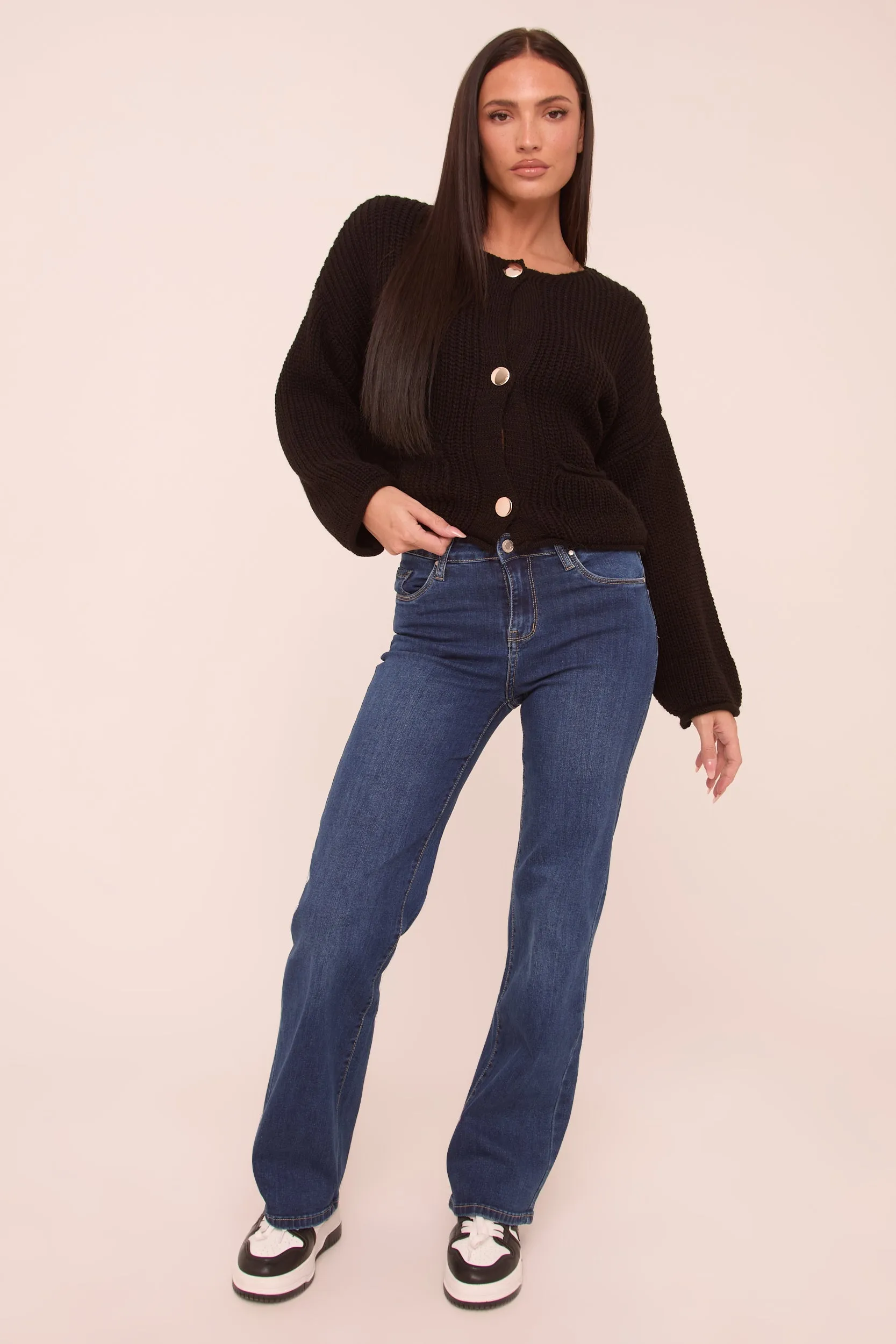 Dark Blue Stretch Mid Waist Straight Leg Denim Jeans - Rey