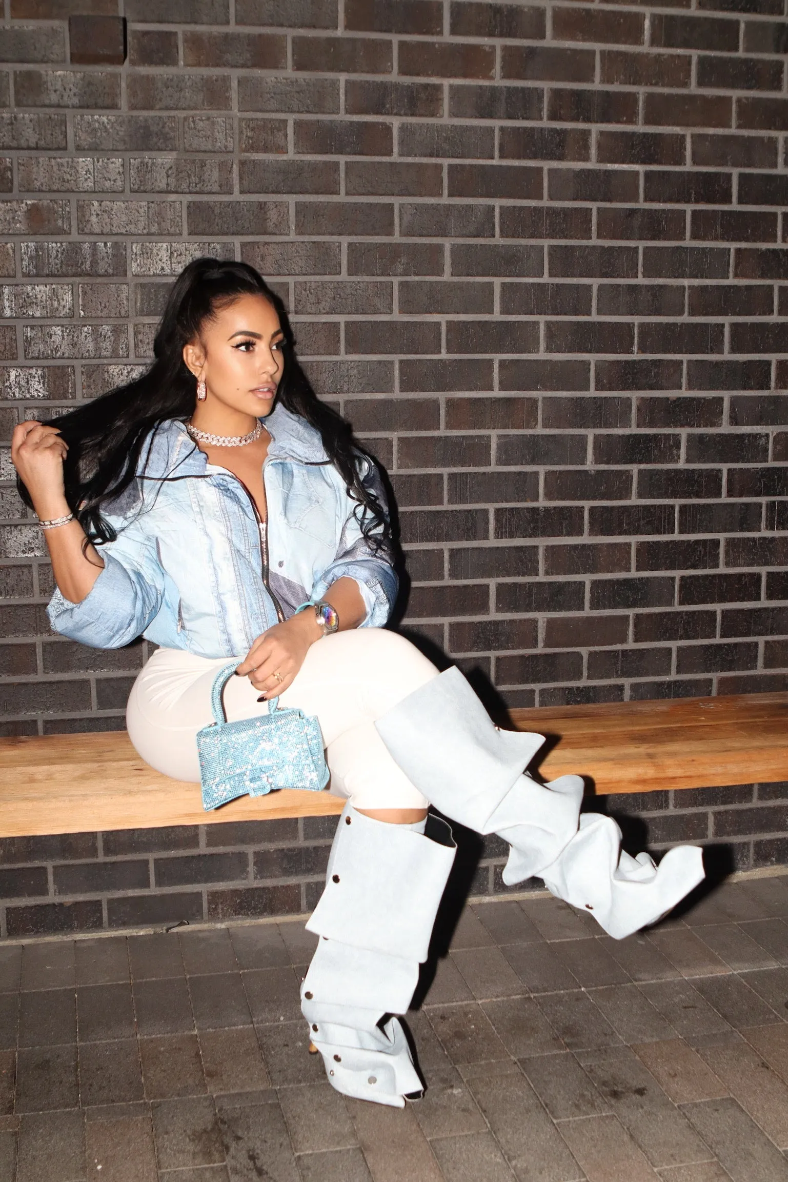 Denim Patch Puffer Coat