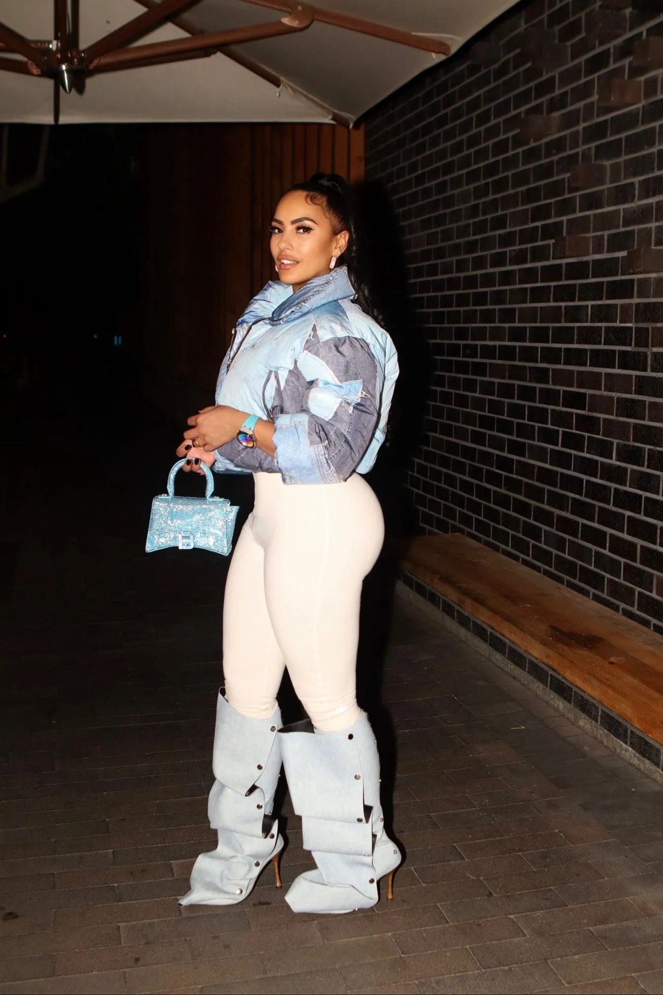 Denim Patch Puffer Coat