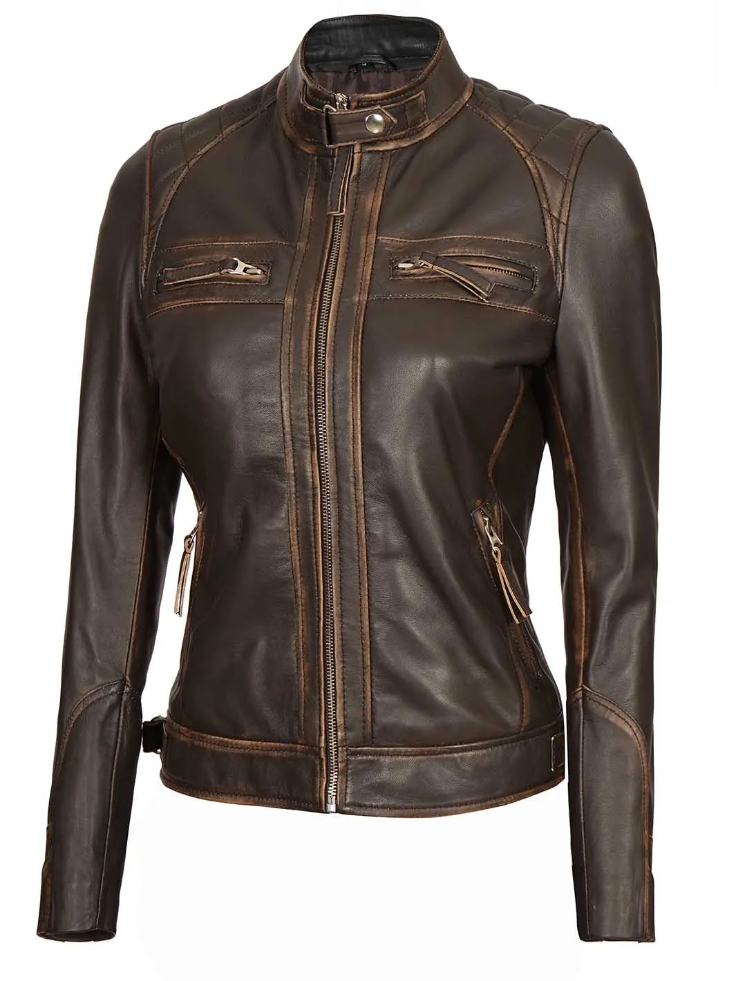 Diamond Women Rub Off Brown Leather Jacket