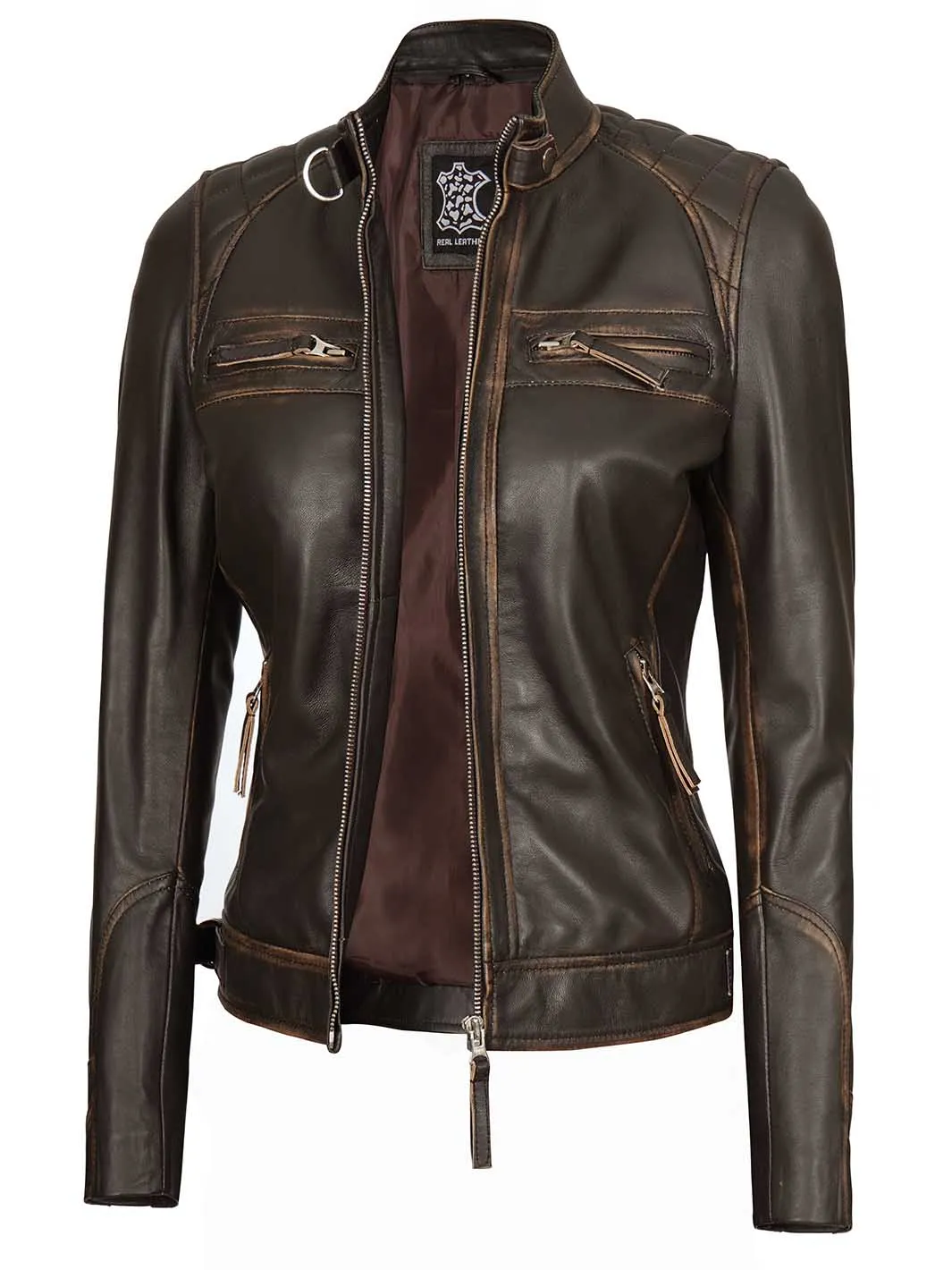 Diamond Women Rub Off Brown Leather Jacket