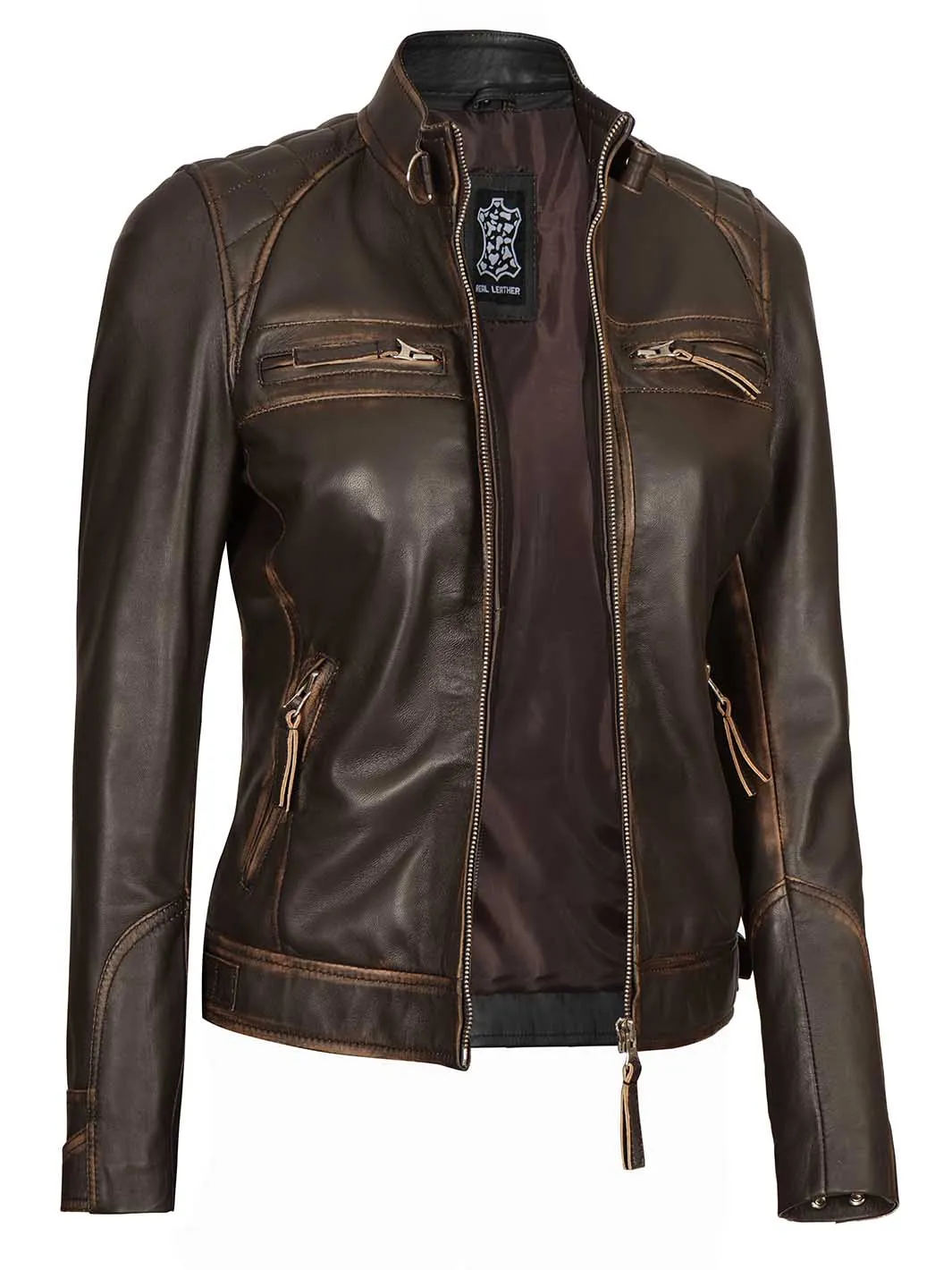Diamond Women Rub Off Brown Leather Jacket