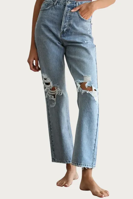 DISTRESSED STRAIGHT-LEG JEANS