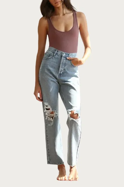 DISTRESSED STRAIGHT-LEG JEANS