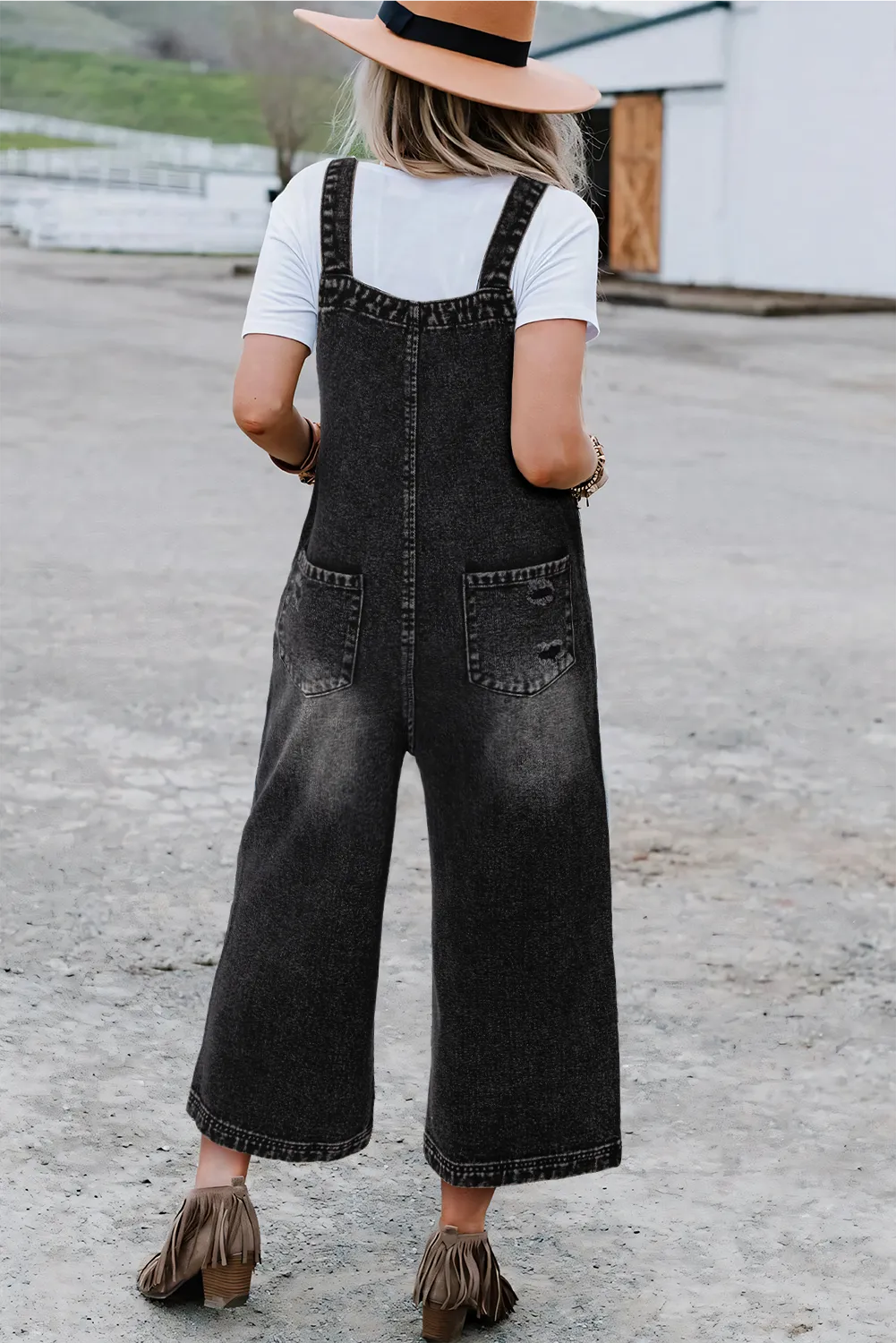 Distressed Wide Leg Denim Overalls