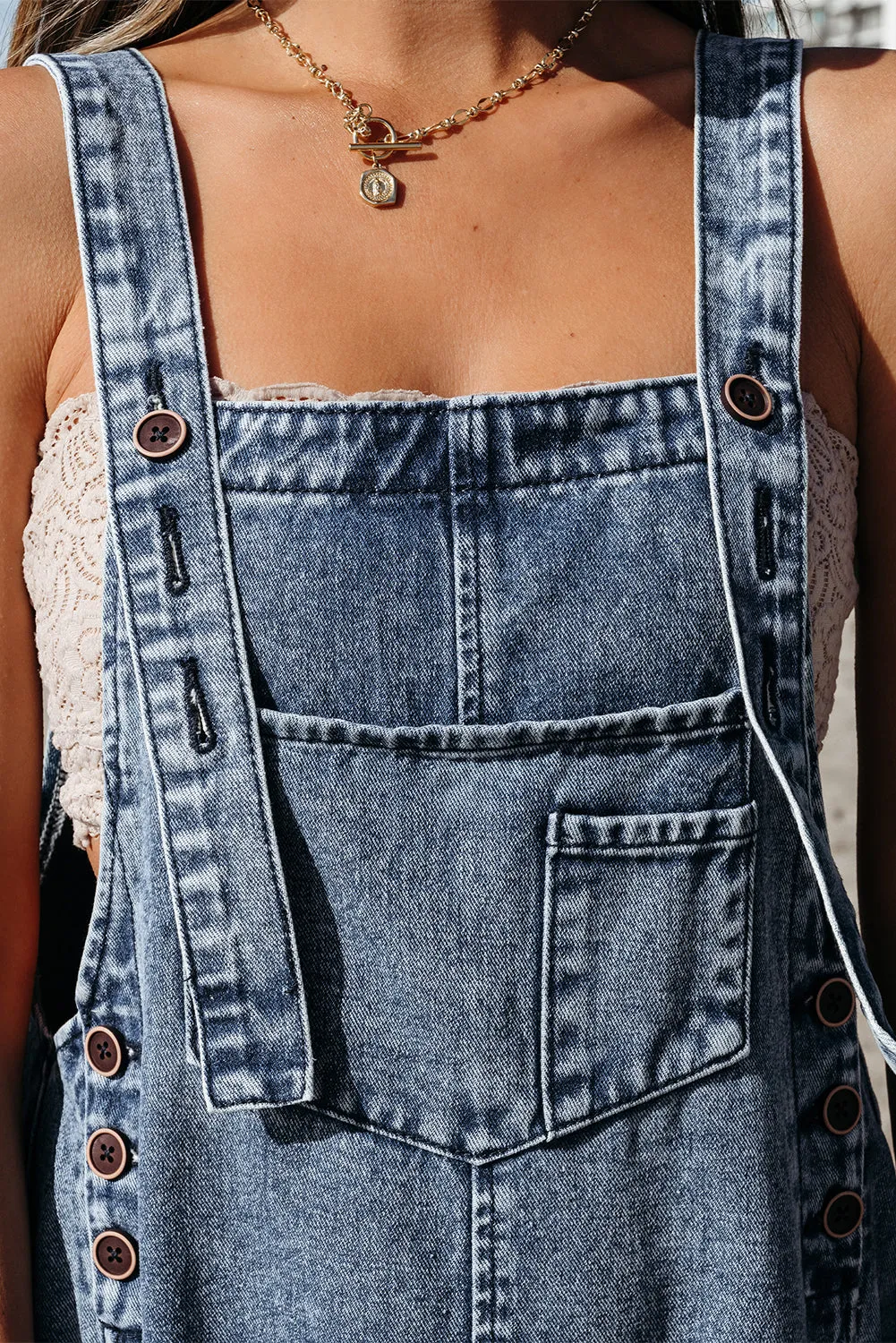 Distressed Wide Leg Denim Overalls