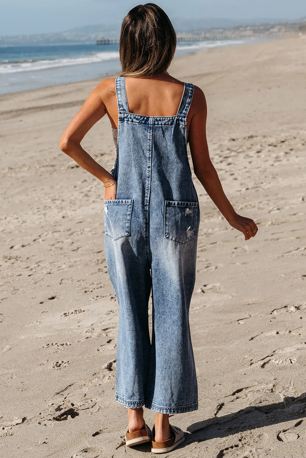 Distressed Wide Leg Denim Overalls