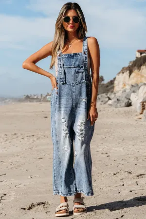 Distressed Wide Leg Denim Overalls