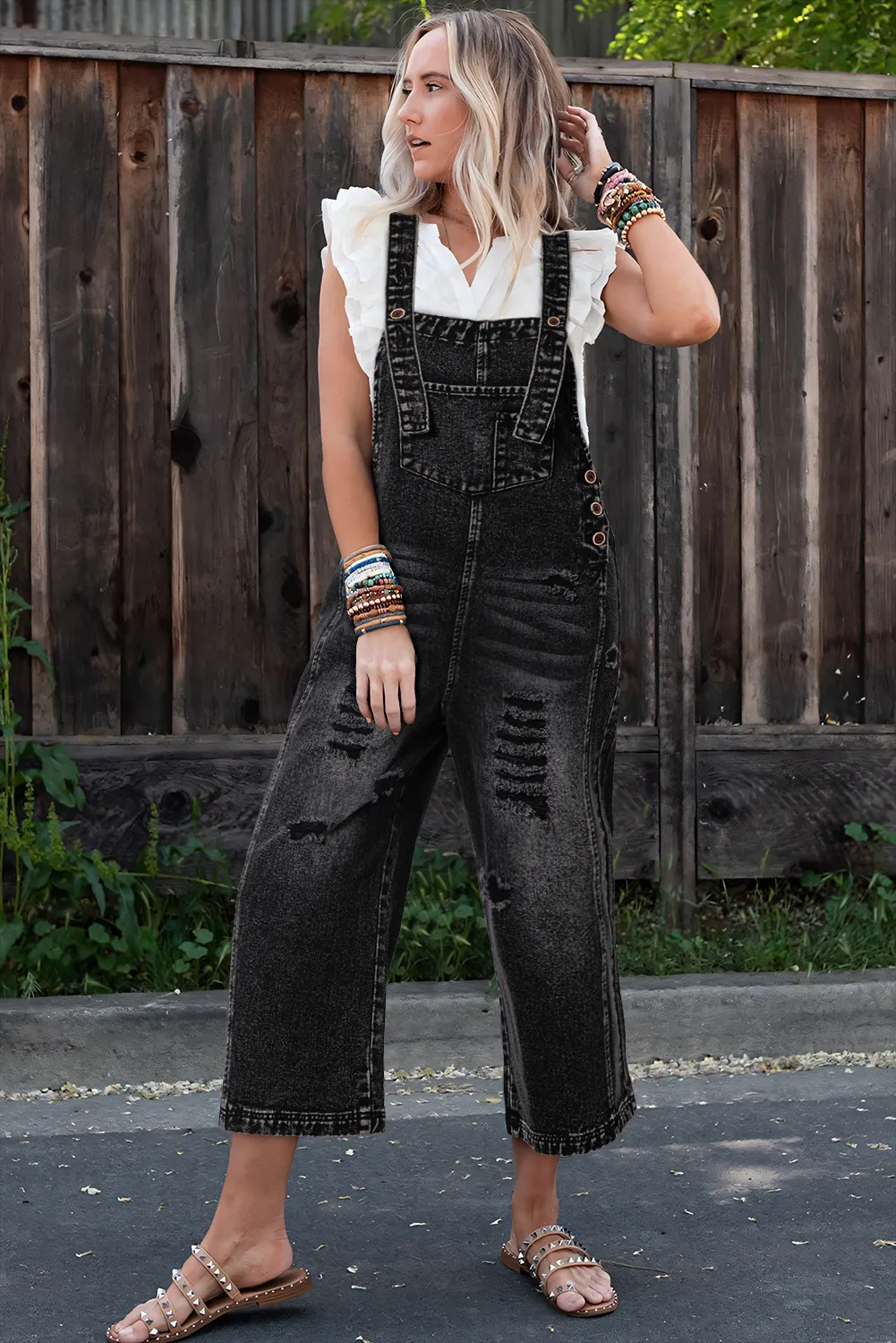 Distressed Wide Leg Denim Overalls