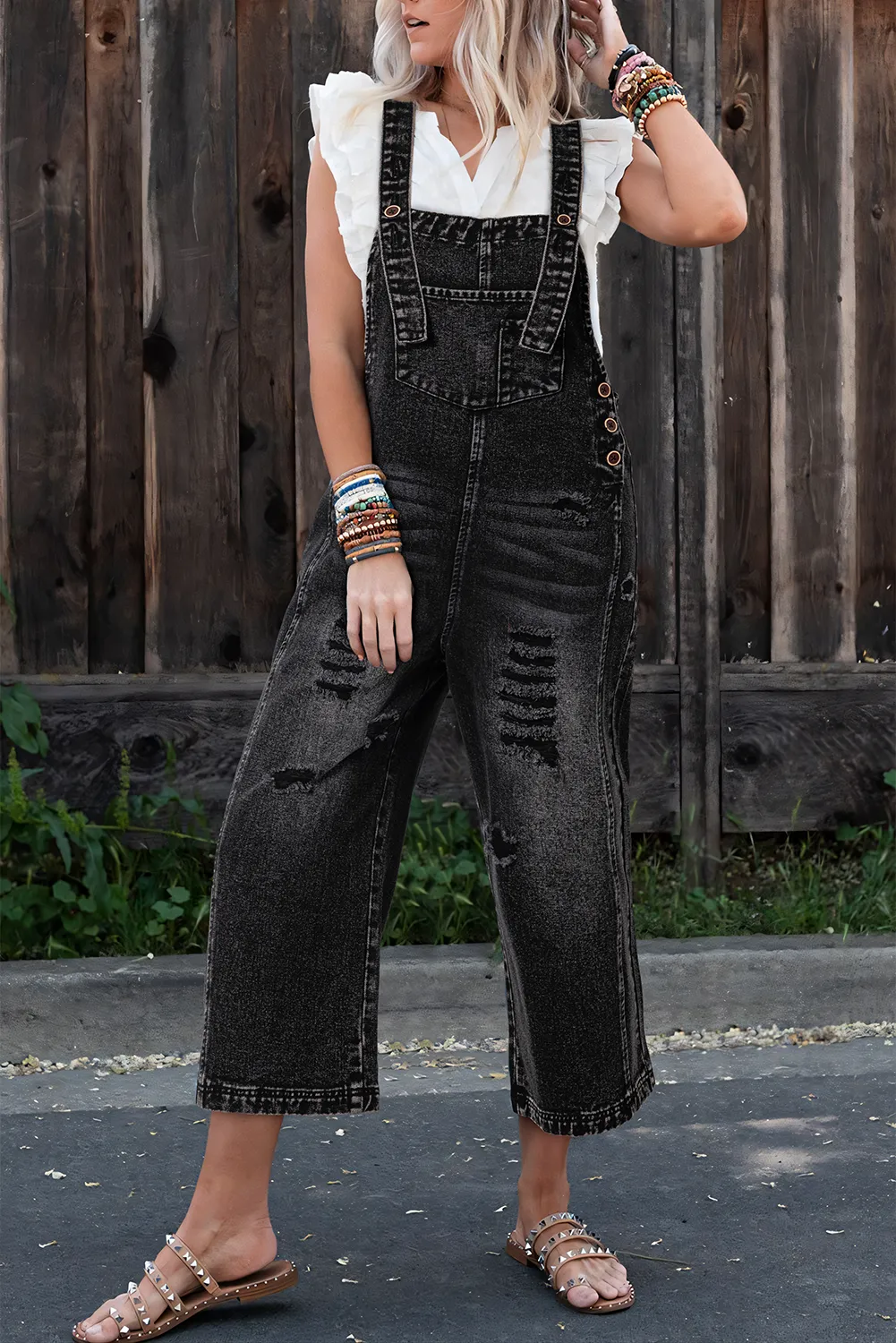 Distressed Wide Leg Denim Overalls