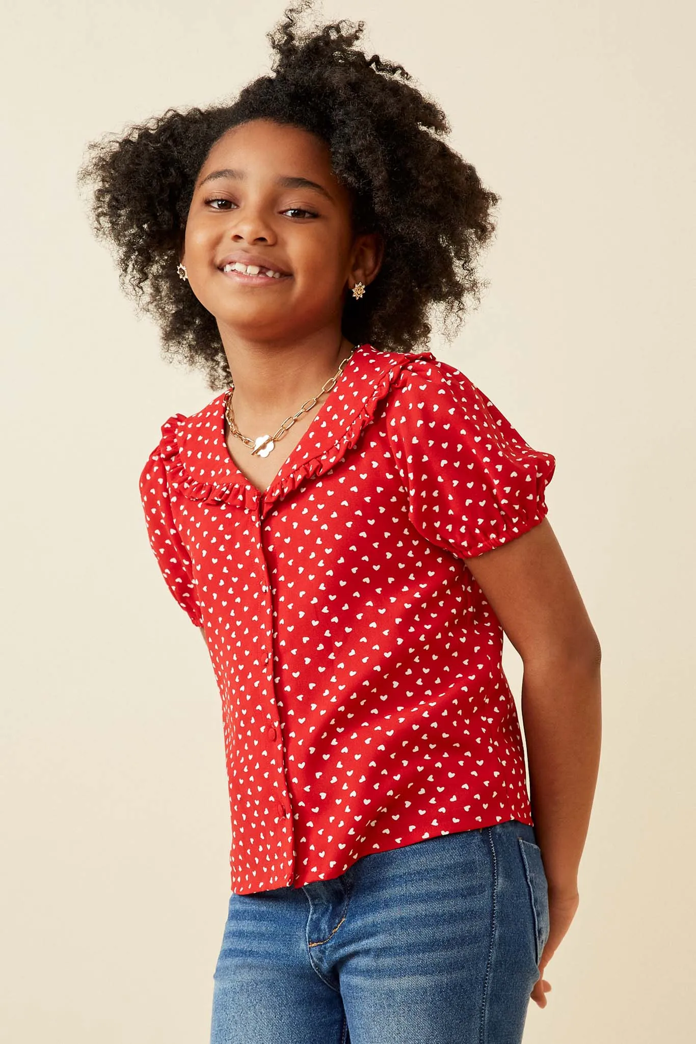 Ditsy Heart Ruffled Collar Button Up Shirt