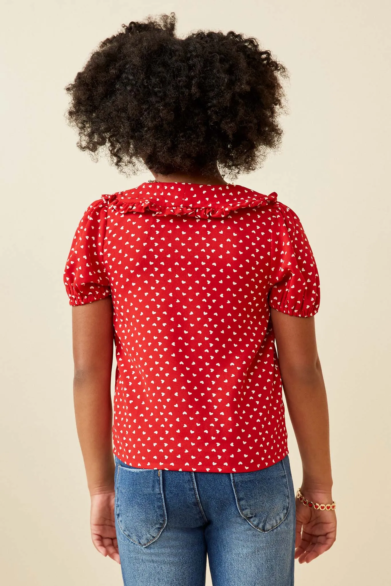 Ditsy Heart Ruffled Collar Button Up Shirt
