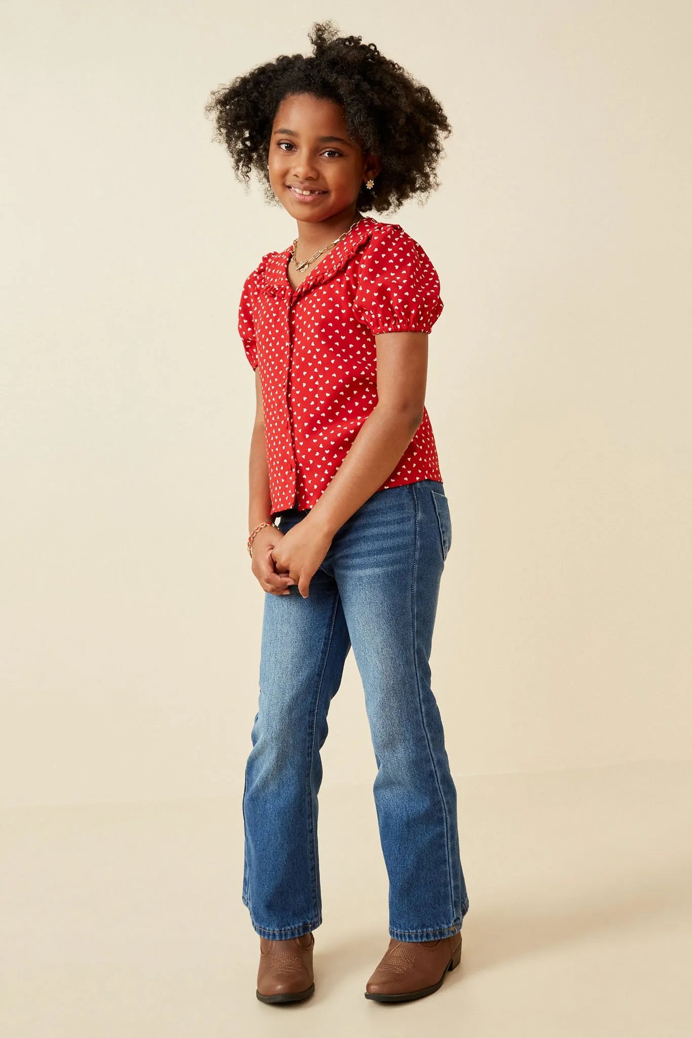 Ditsy Heart Ruffled Collar Button Up Shirt