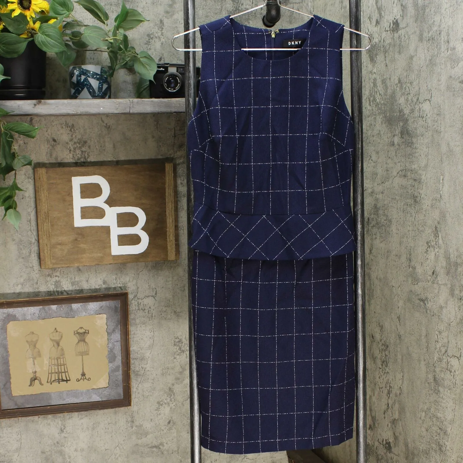 DKNY Women's Windowpane Peplum Sheath Dress Navy 6
