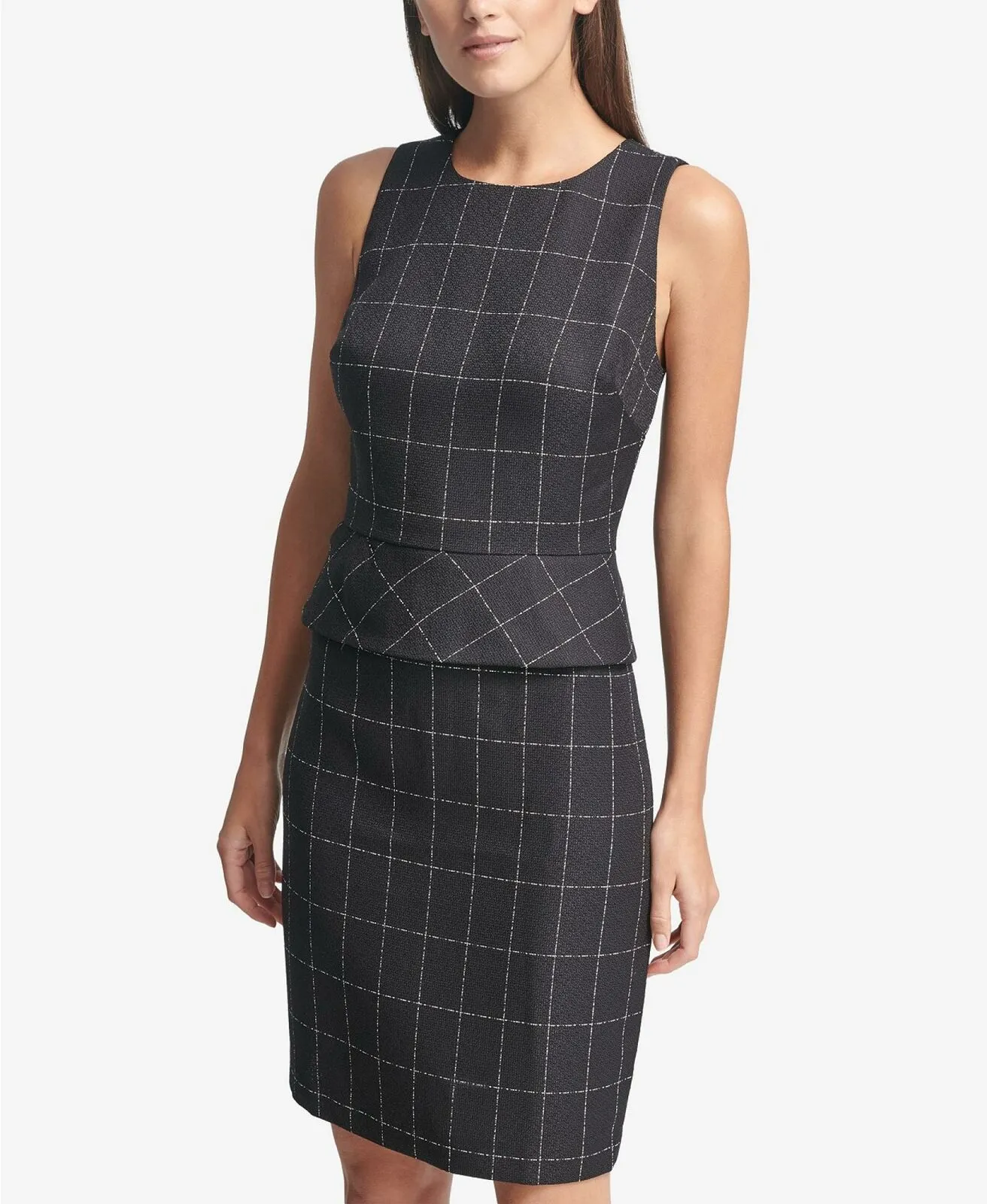 DKNY Women's Windowpane Peplum Sheath Dress Navy 6