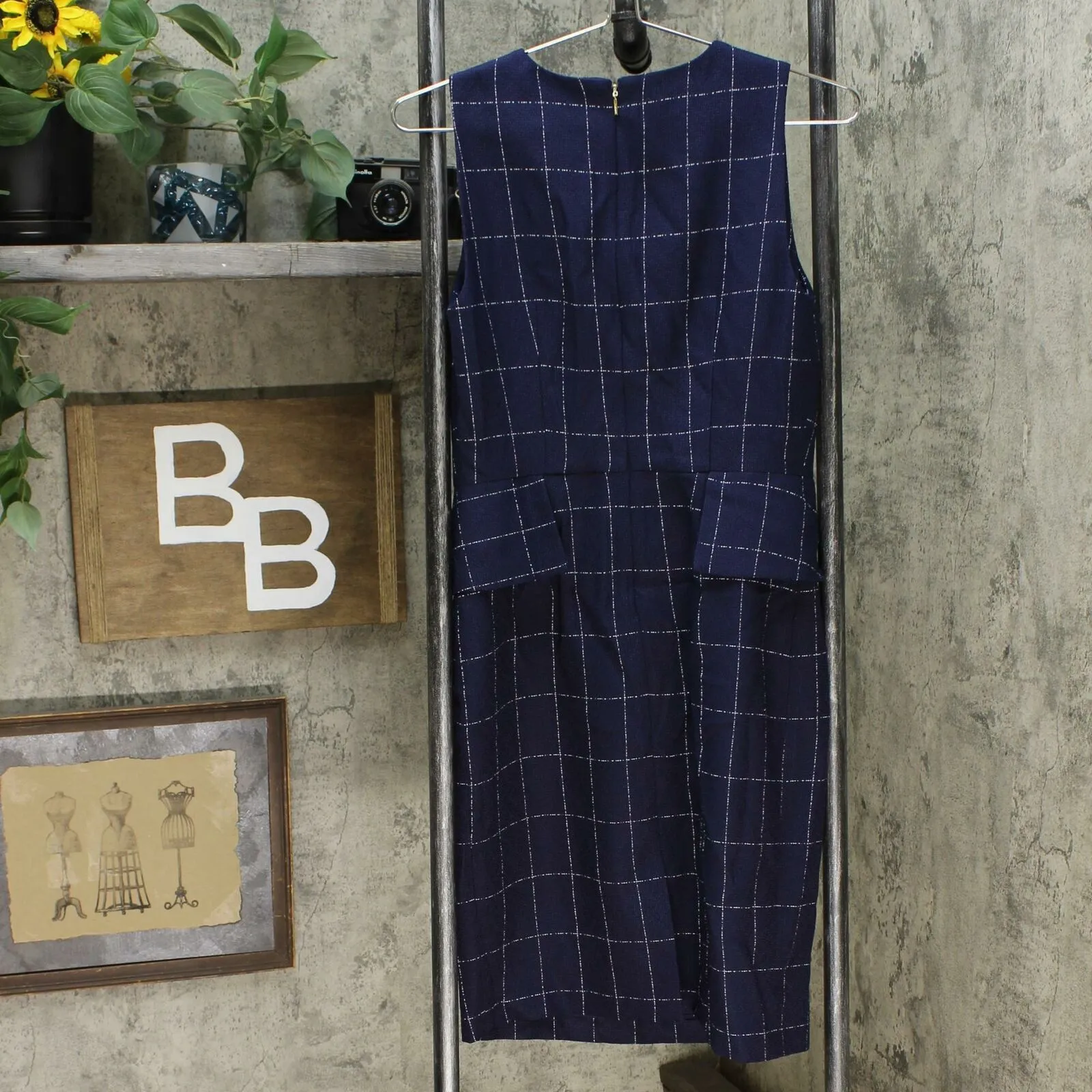 DKNY Women's Windowpane Peplum Sheath Dress Navy 6