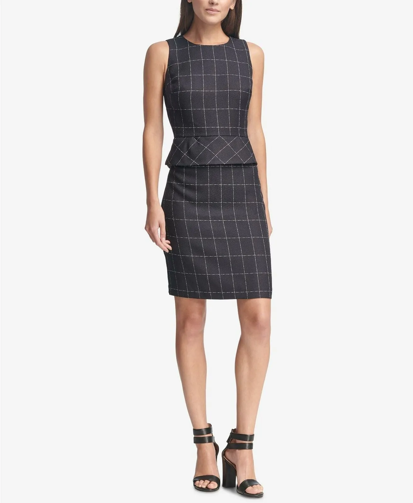 DKNY Women's Windowpane Peplum Sheath Dress Navy 6