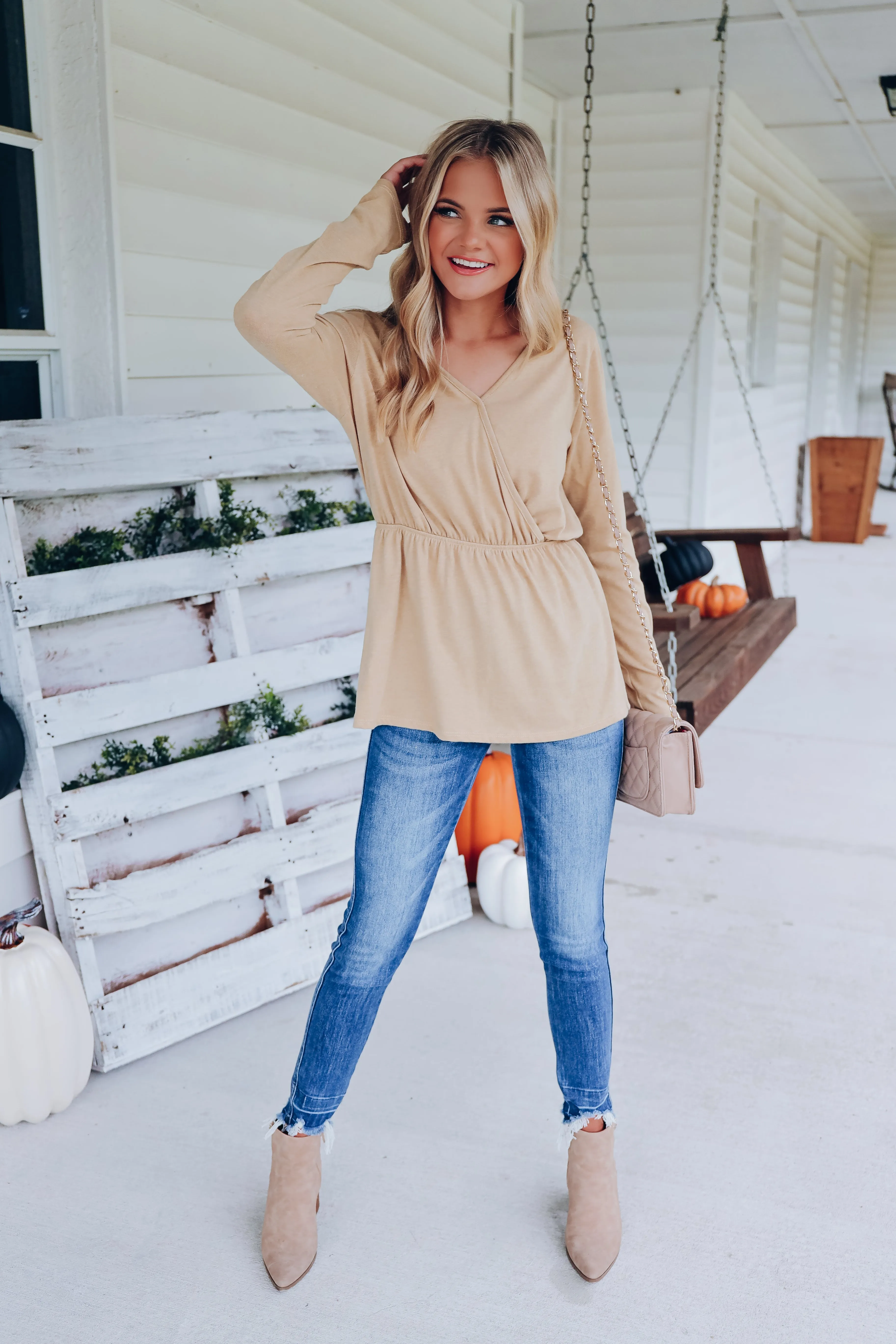 Down To Business Long Sleeve Top - Beige