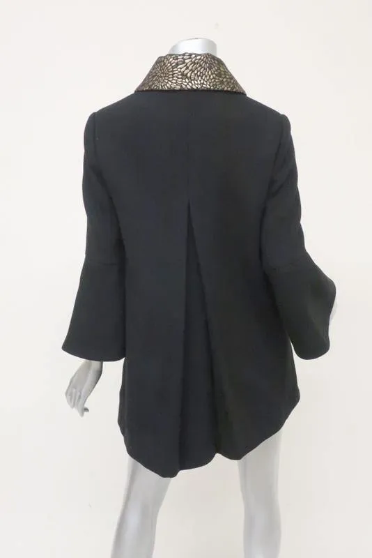 Draper James Coat Aubrey Black Wool Size 2 Peplum Sleeve Jacquard-Trim Jacket
