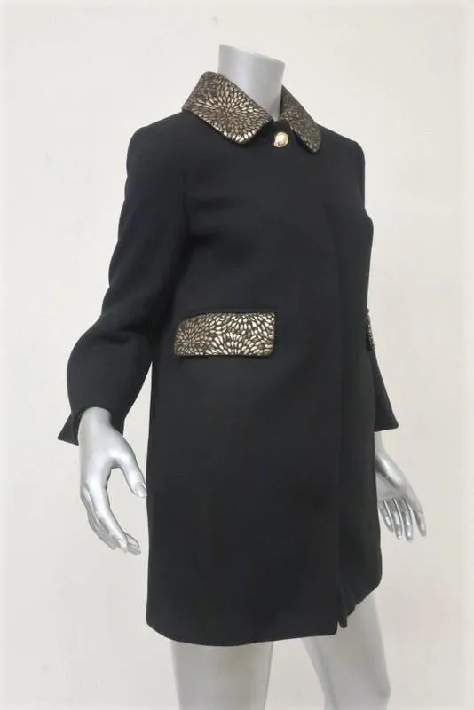 Draper James Coat Aubrey Black Wool Size 2 Peplum Sleeve Jacquard-Trim Jacket