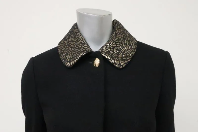 Draper James Coat Aubrey Black Wool Size 2 Peplum Sleeve Jacquard-Trim Jacket