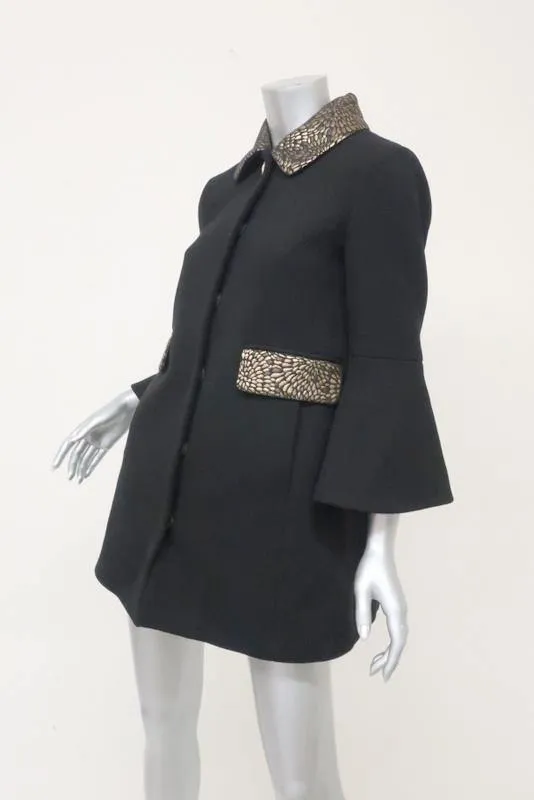Draper James Coat Aubrey Black Wool Size 2 Peplum Sleeve Jacquard-Trim Jacket