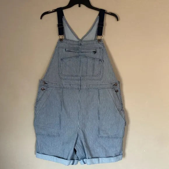 Duluth, XL, railroad pinstriped  gardening short overalls