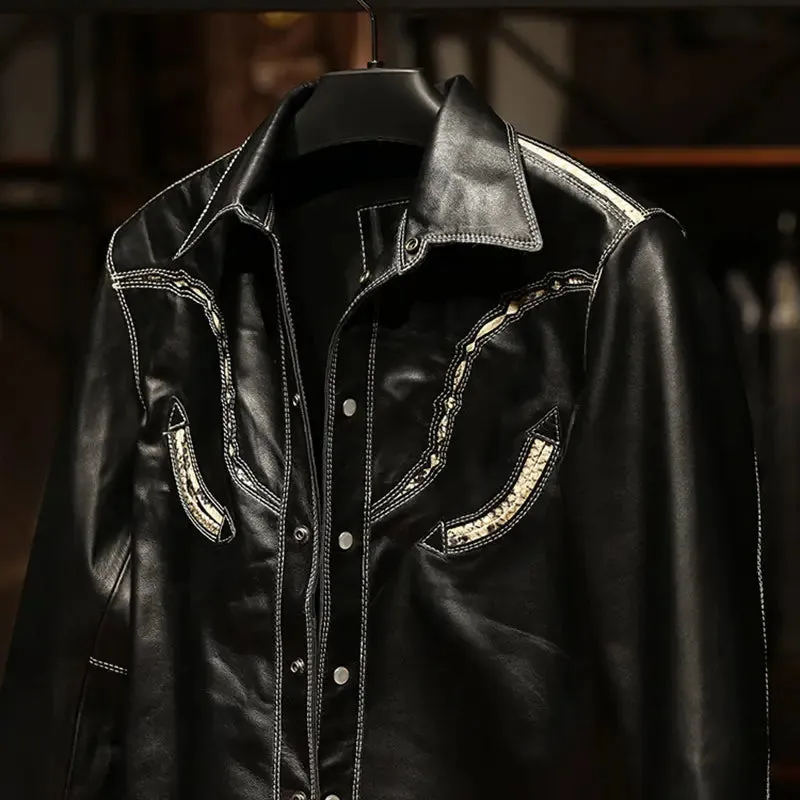 Eerie Embroided Black Leather Shirt