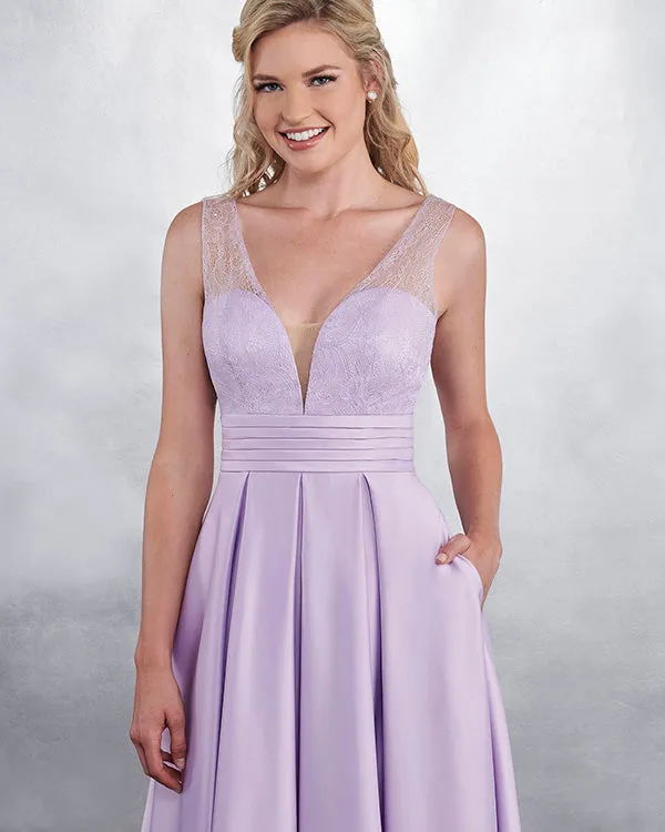 Elegant 2019 Lace Satin Ruffles Bridesmaid Dresses V-Neck Floor Length