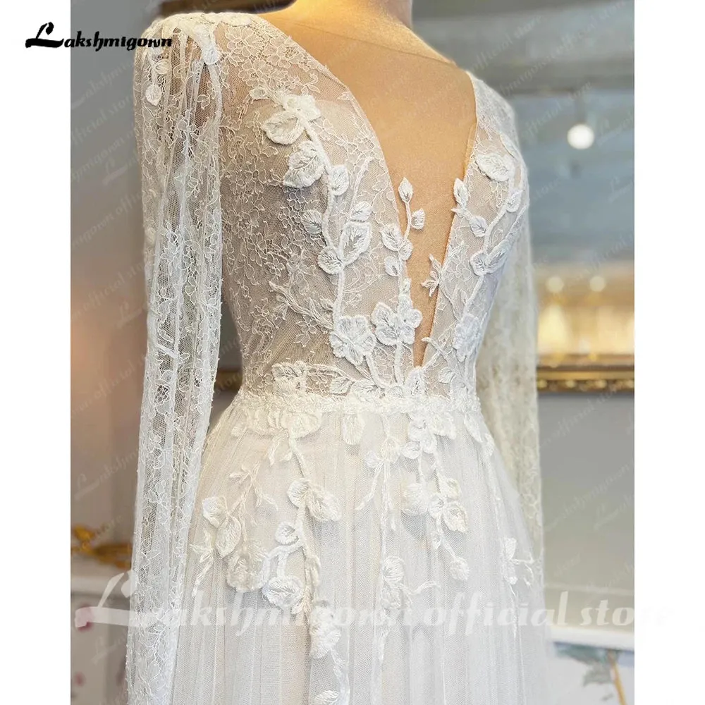 Elegant A Line Long Sleeves Wedding Dress Deep V Neck Lace Floral Appliqued Bridal Gown Wedding Gown Vestidos de Noiva