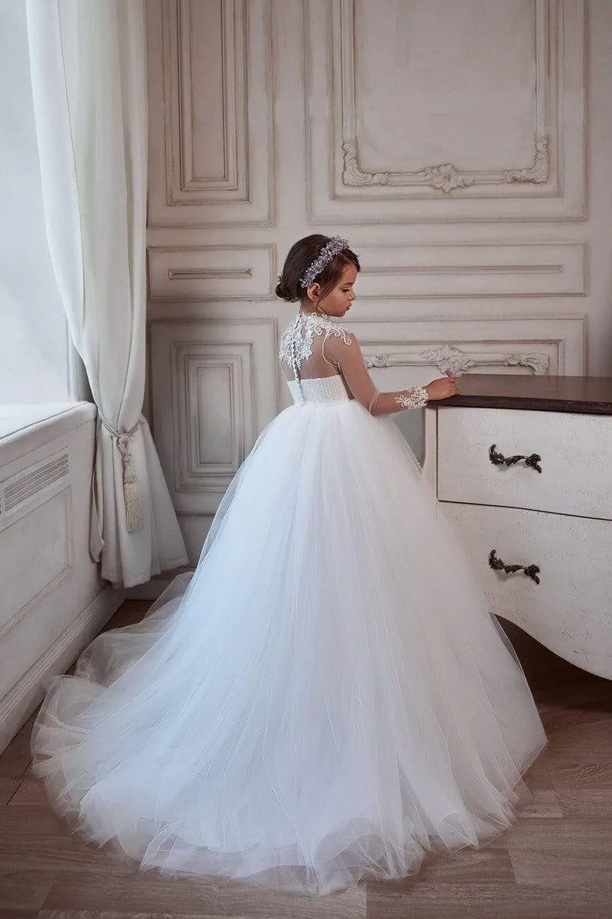 Elegant Girl dress with Illusion Neck and Sleeves