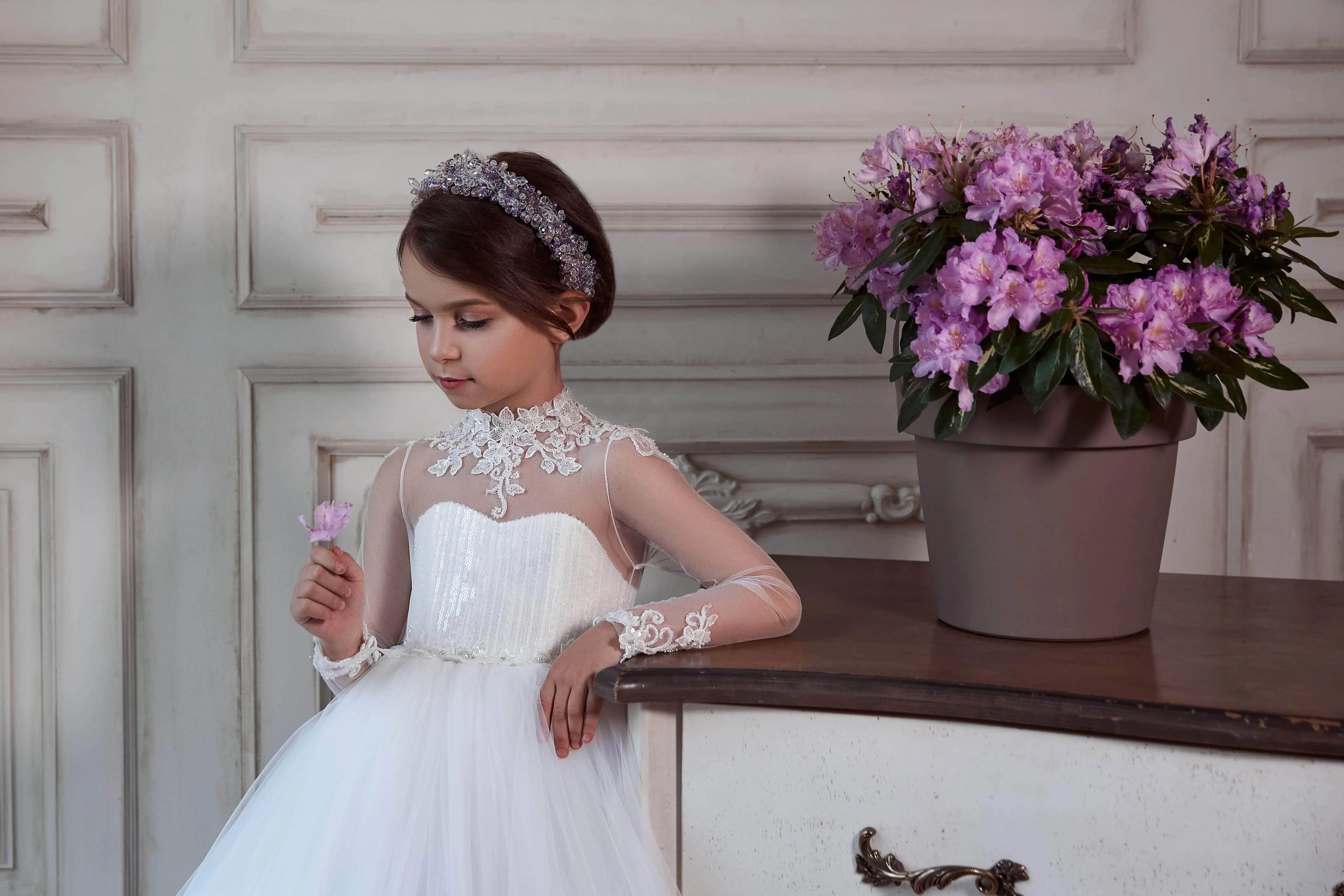Elegant Girl dress with Illusion Neck and Sleeves