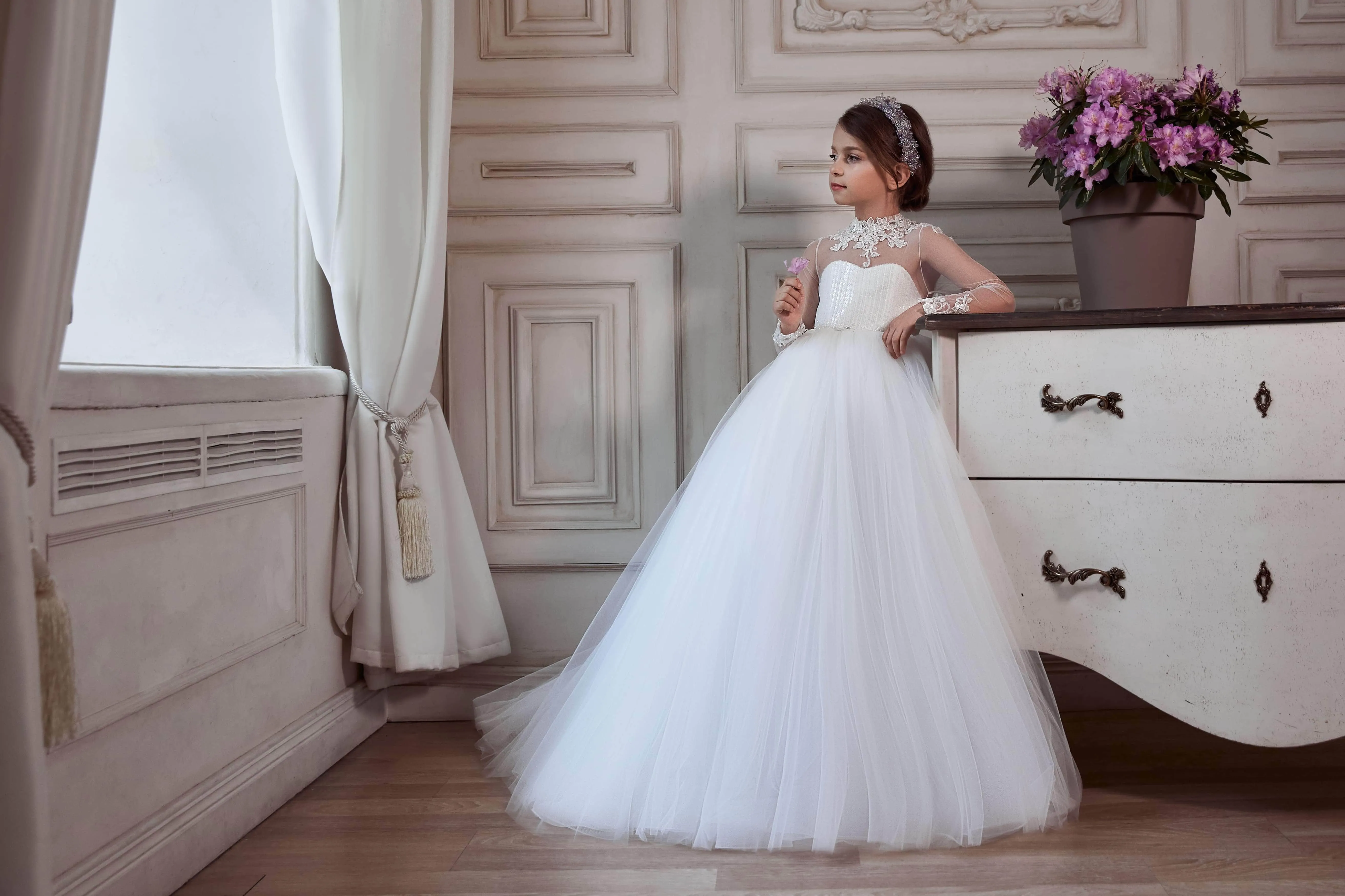 Elegant Girl dress with Illusion Neck and Sleeves