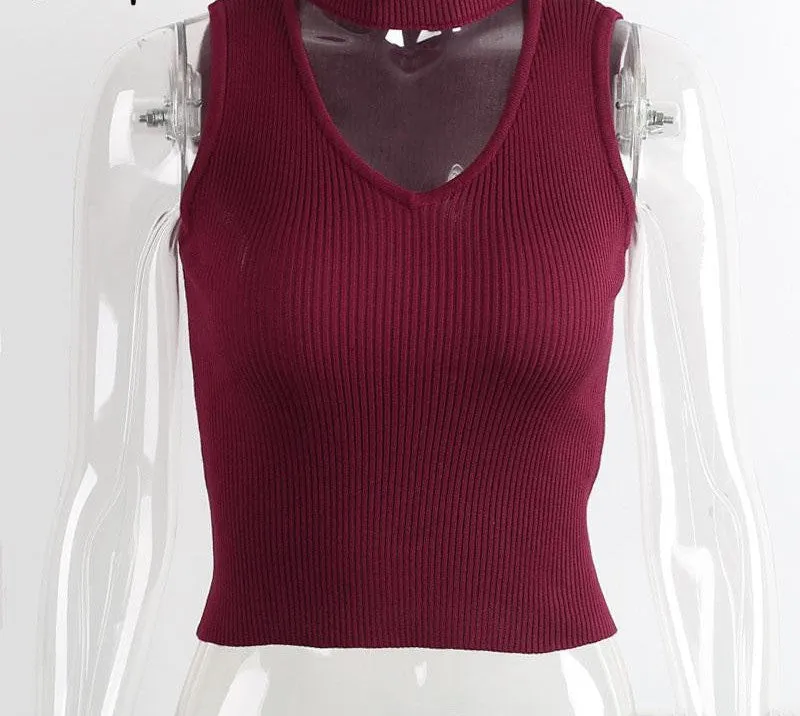 Elegant halter v neck knitted jumper sleeveless wine red party tank top vintage gray crop top