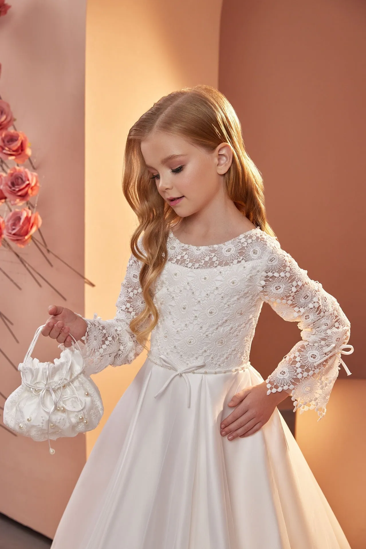 Elegant Pearl-Embroidered Dress with Lace Details