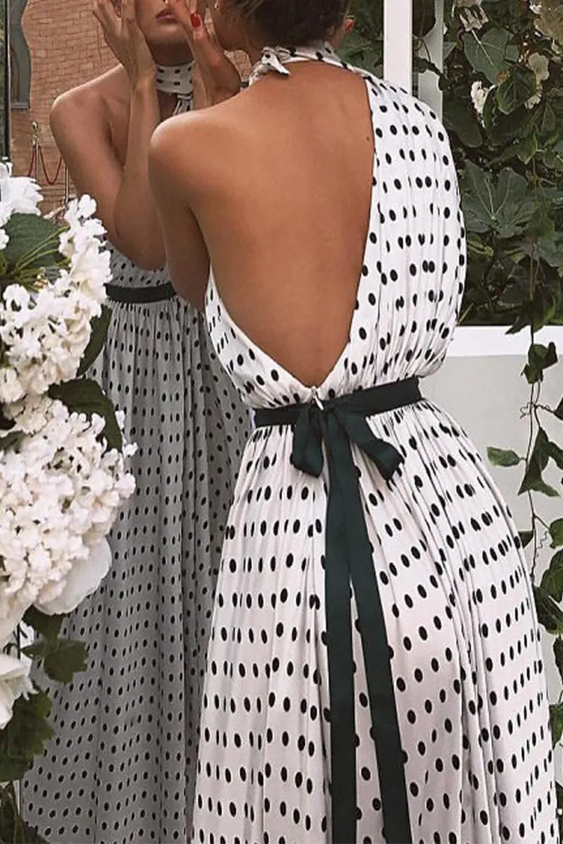 Elegant Polka Dot Flounce Asymmetrical Halter Printed Dresses