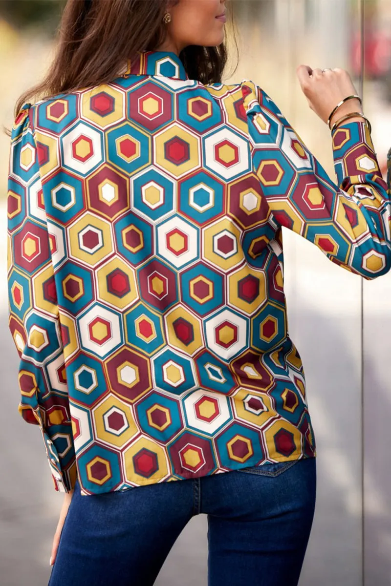 Elegant Print Patchwork Shirt Collar Tops
