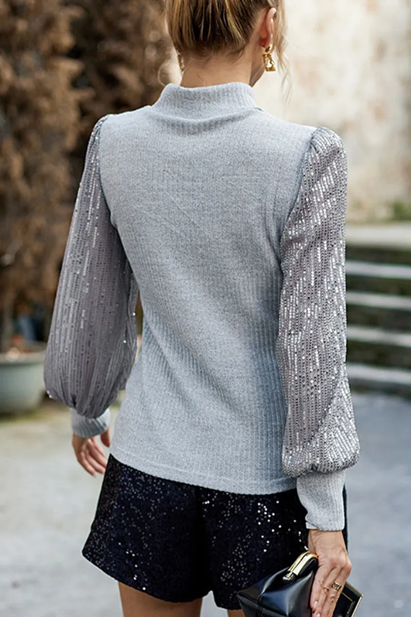 Elegant Solid Sequins Half A Turtleneck Tops