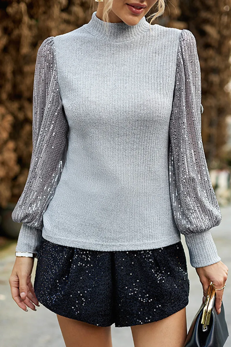 Elegant Solid Sequins Half A Turtleneck Tops