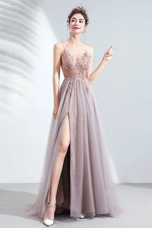 Elegant v neck tulle beads long prom dress tulle formal dress