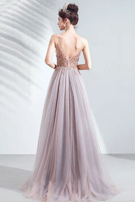 Elegant v neck tulle beads long prom dress tulle formal dress