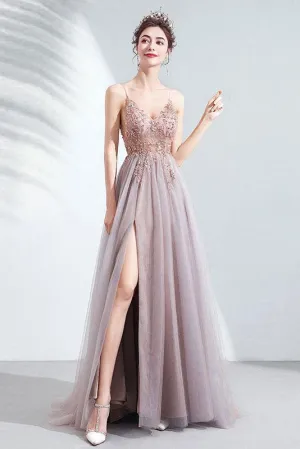 Elegant v neck tulle beads long prom dress tulle formal dress