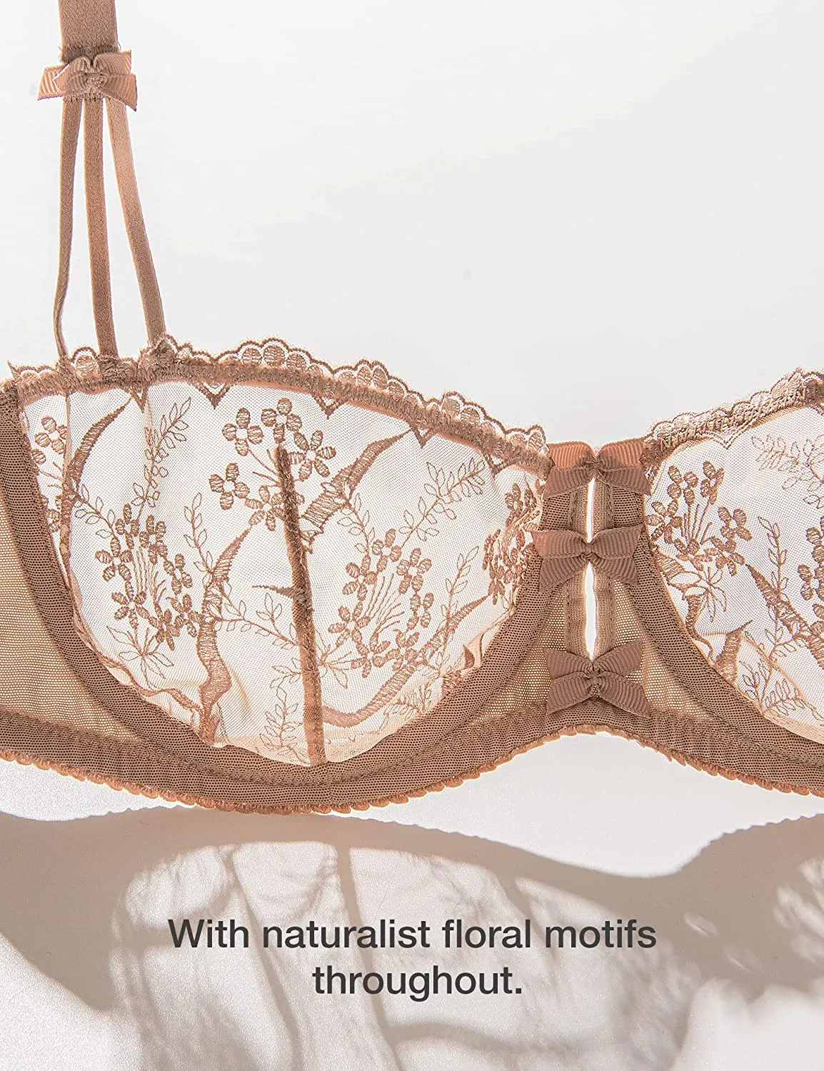 Embroidered Lace Unlined Bra Demi Sheer See Through Underwire Bras Mocha Latte Coffee