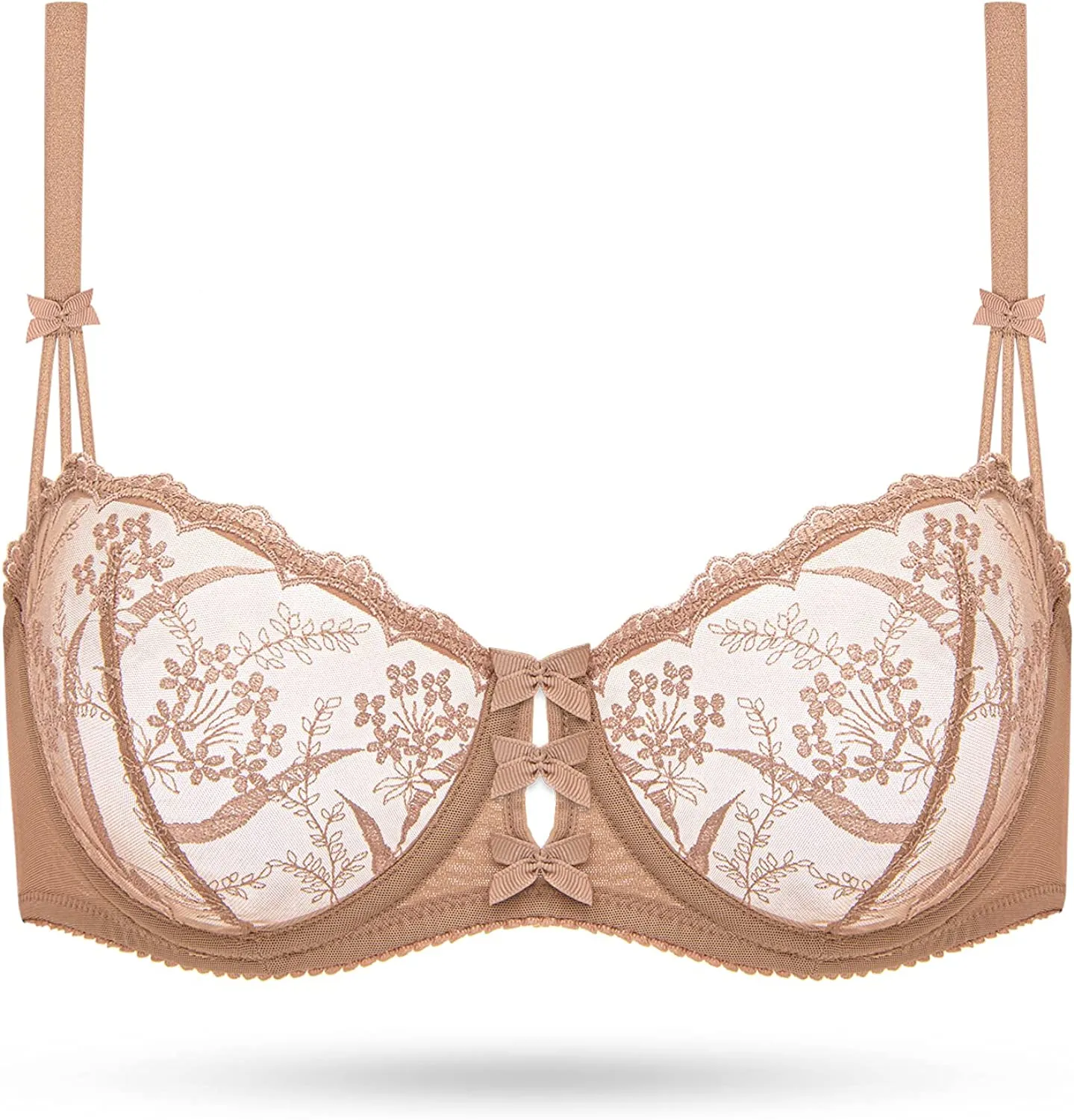 Embroidered Lace Unlined Bra Demi Sheer See Through Underwire Bras Mocha Latte Coffee