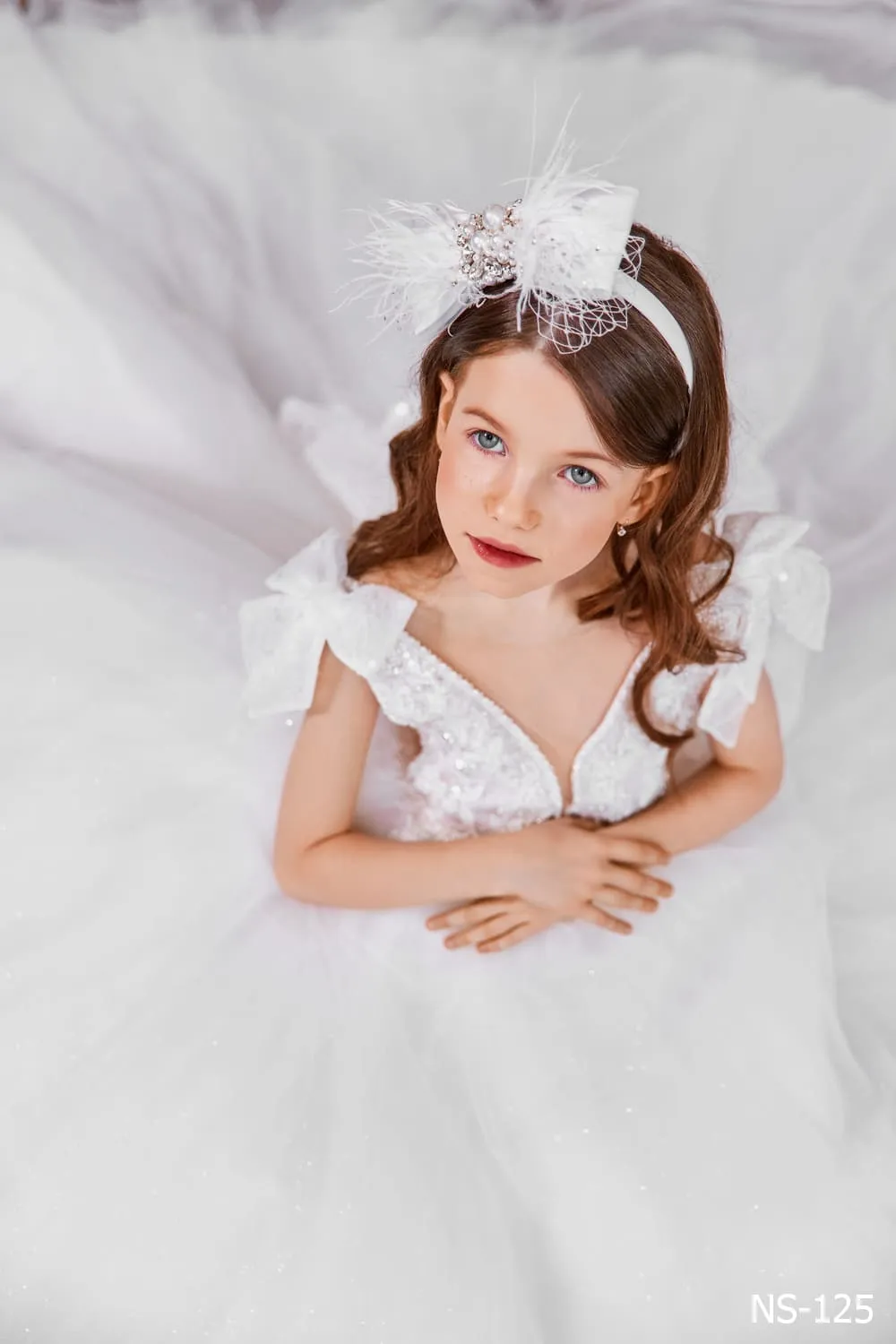 Embroidered V-neck Ballgown with Shoulder Bows