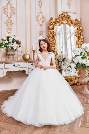 Embroidered V-neck Ballgown with Shoulder Bows