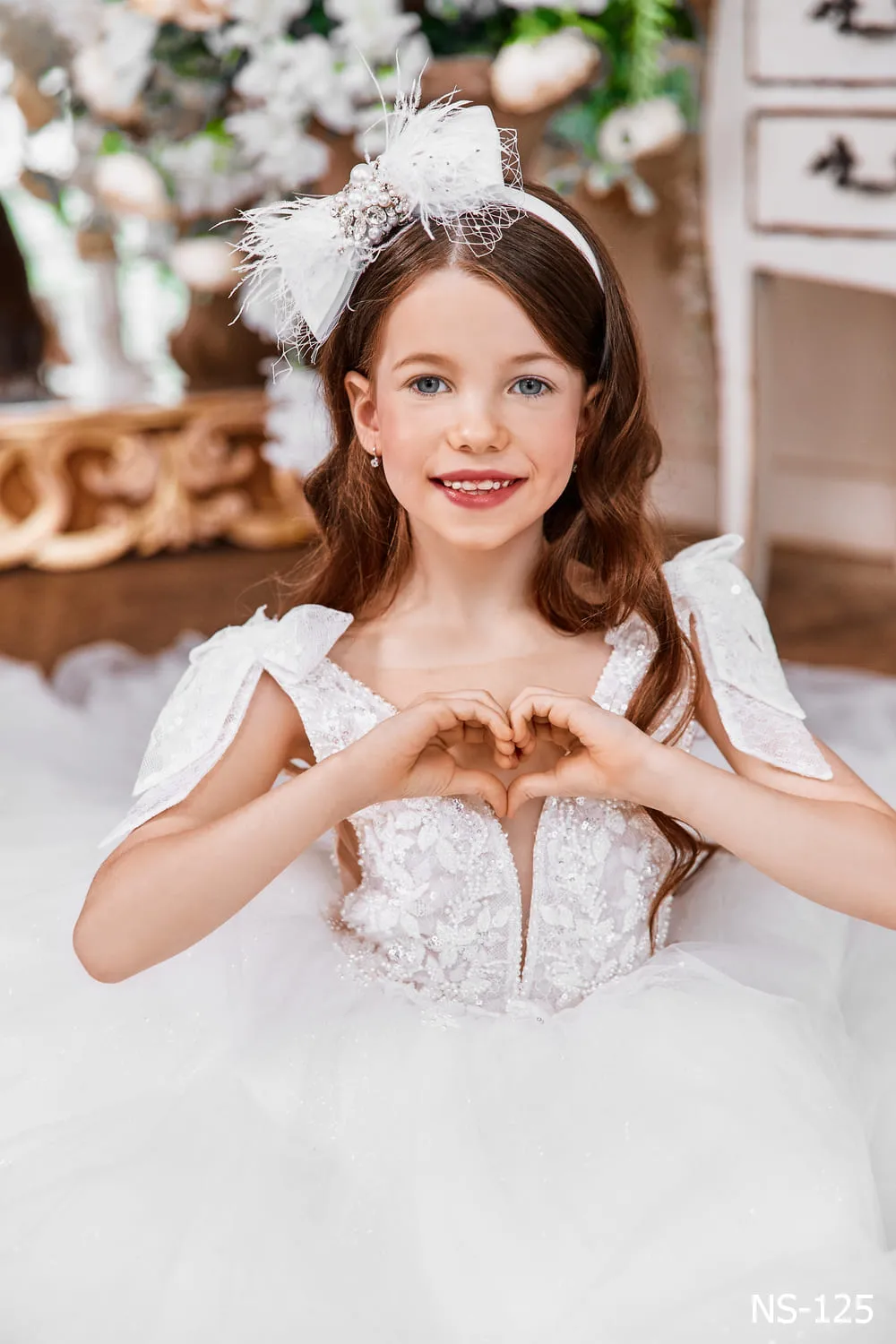 Embroidered V-neck Ballgown with Shoulder Bows