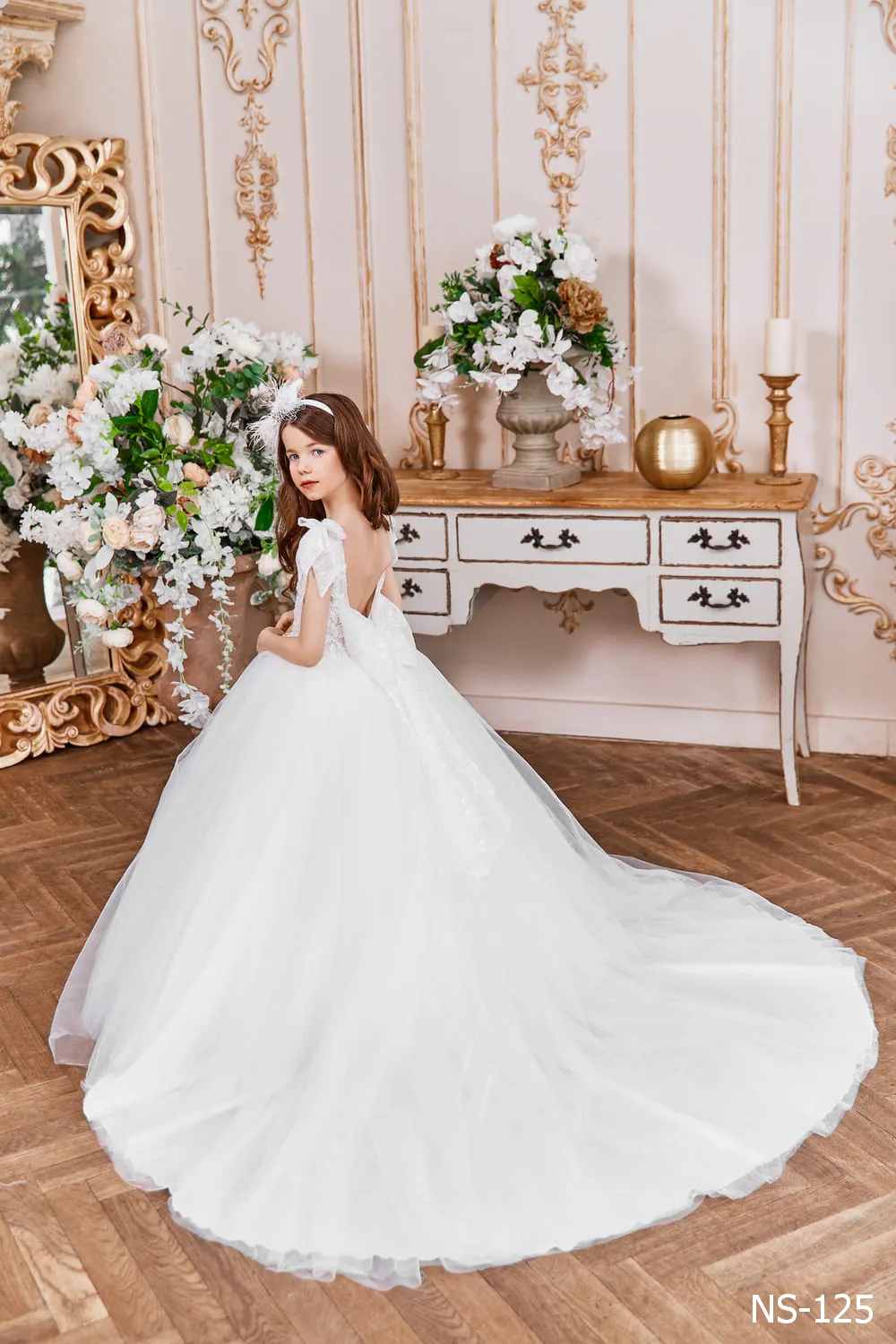 Embroidered V-neck Ballgown with Shoulder Bows