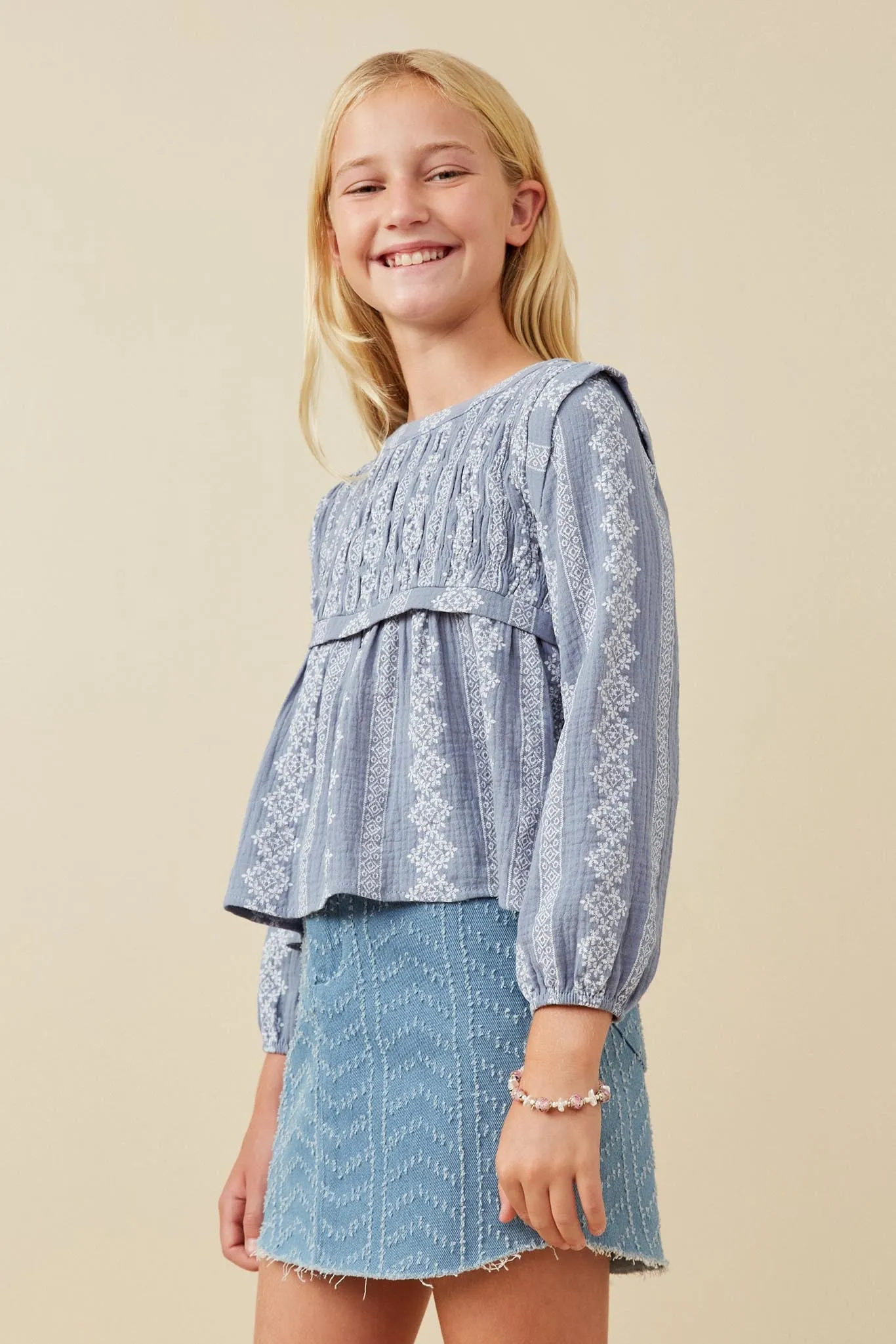 Embroidery Printed Smocked Long Sleeve Top