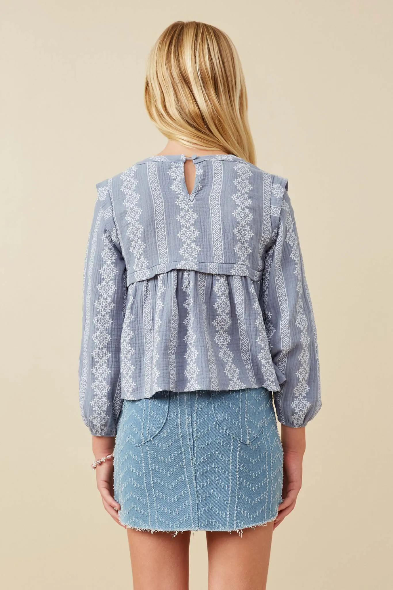 Embroidery Printed Smocked Long Sleeve Top